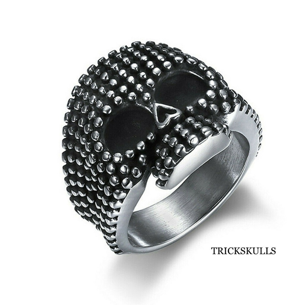 Silver Stainless & Black Enamel Pin Ball Skull Ring Modern Vintage 8 9 10 New!
